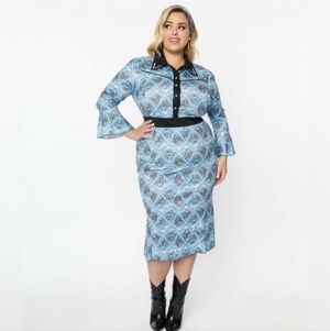 Unique Vintage Blue Western Pin-Up Print Wiggle Dress. NWT
